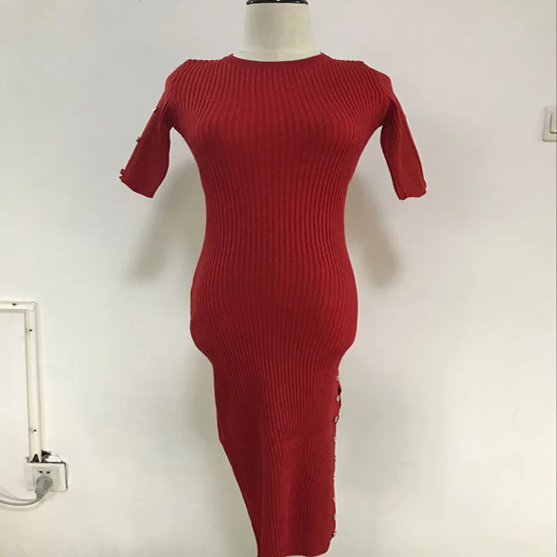 2017 Women Sexy Sparkling Half Sleeve Knitting Dresses Fashion Woman Side Splits Buttons Maxi Dress Vestidos | Женская одежда