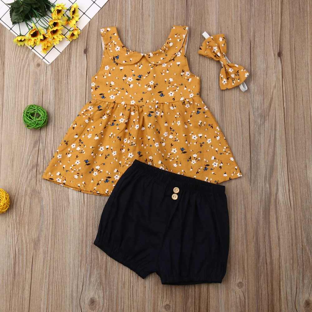 Одежда для маленьких девочек платье с цветочным принтом + шорты комплект из 3