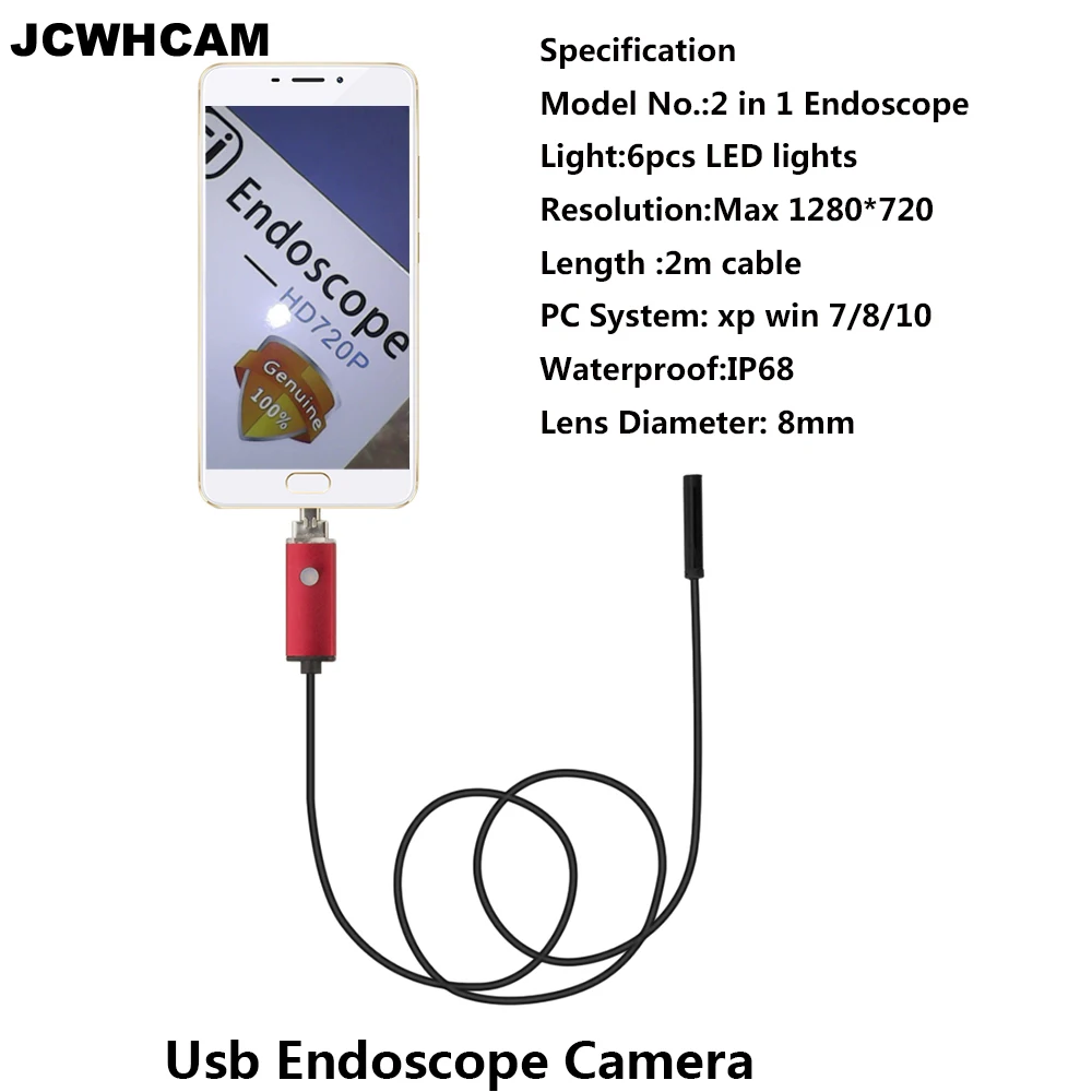 

JCWHCAM 2.0MP HD 720P 2 in 1 Android Endoscope 8mm Lens 6 LED Waterproof Borescope Inspection Camera with 2m Length USB Cable