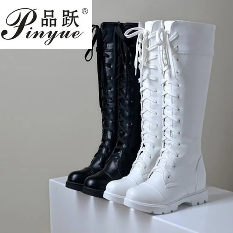 

Women Platform Thick High Knee High Boots Fashion Lace Up Winter Fighting Boots White Black size34--43