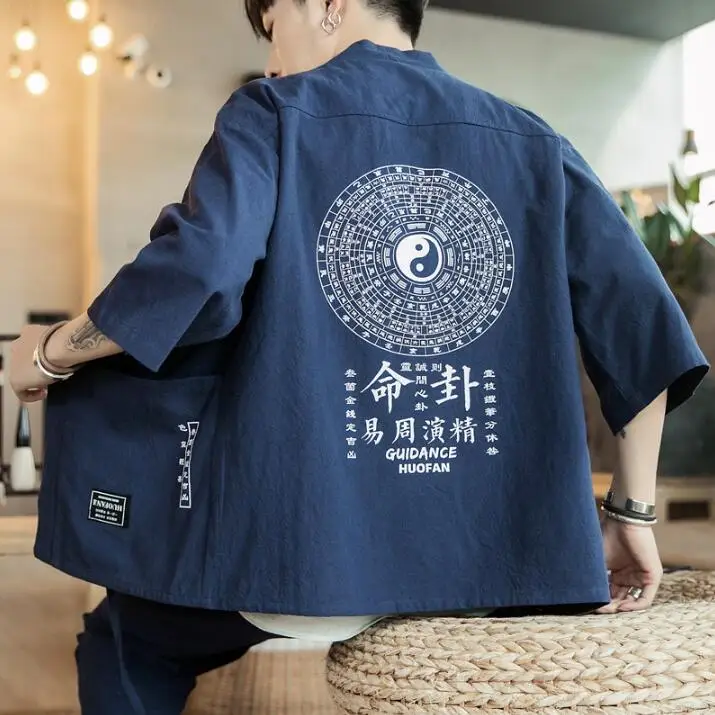 Navy Blue Zongke льняное кимоно в китайском стиле для мужчин, японское кимоно, кардиган Harajuku, кимоно, рубашка для мужчин, уличная Мужская гавайская рубашка 5XL - Цвет: Navy Blue
