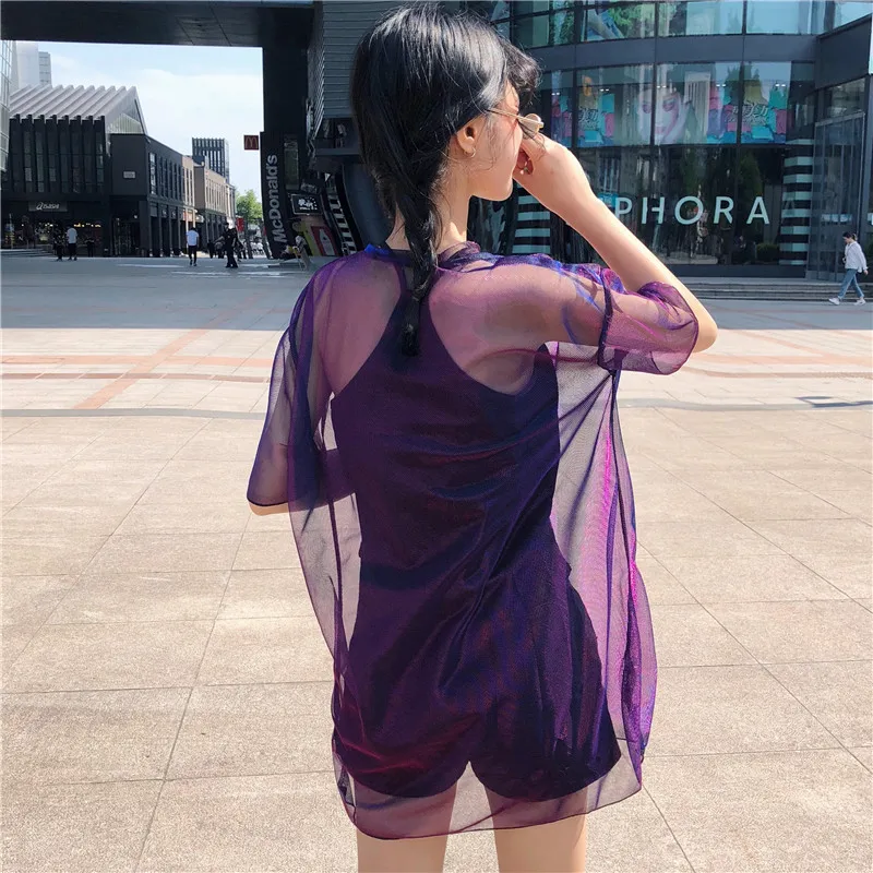 2 шт.! Ulzzang корейский Harajuku сетчатый топ женский сетчатый топ+ черный топики шикарные футболки блестящие Прямая поставка