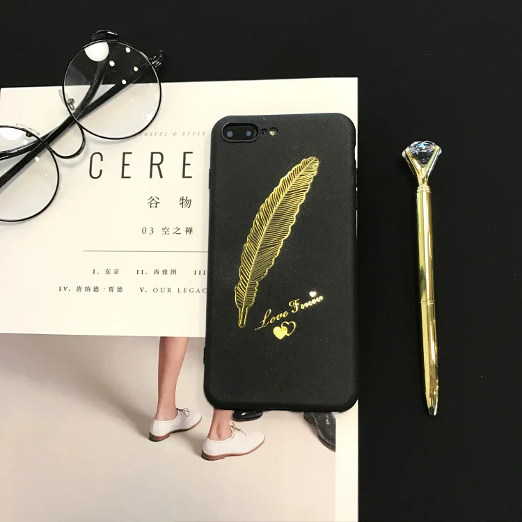 Модный черный чехол для телефона с золотым пером iphone X XR XS Max 6 6S 7 8 Plus матовый