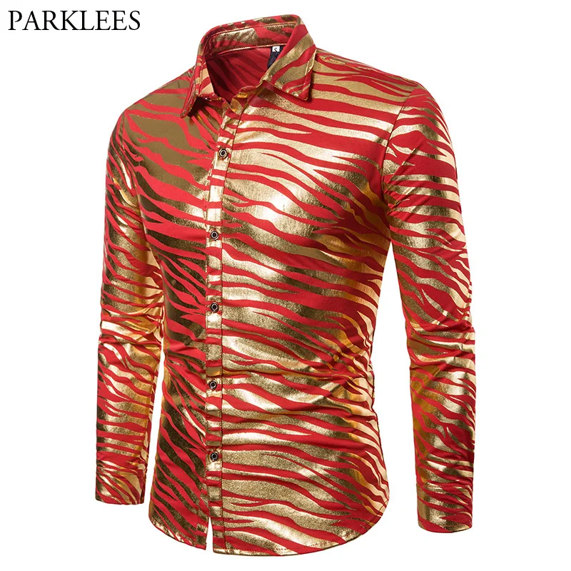 

Рубашка мужская приталенная с длинным рукавом, блестящая золотистая бронзовая полосатая блуза, топ для ночного клуба, вечеринки и выпускно...