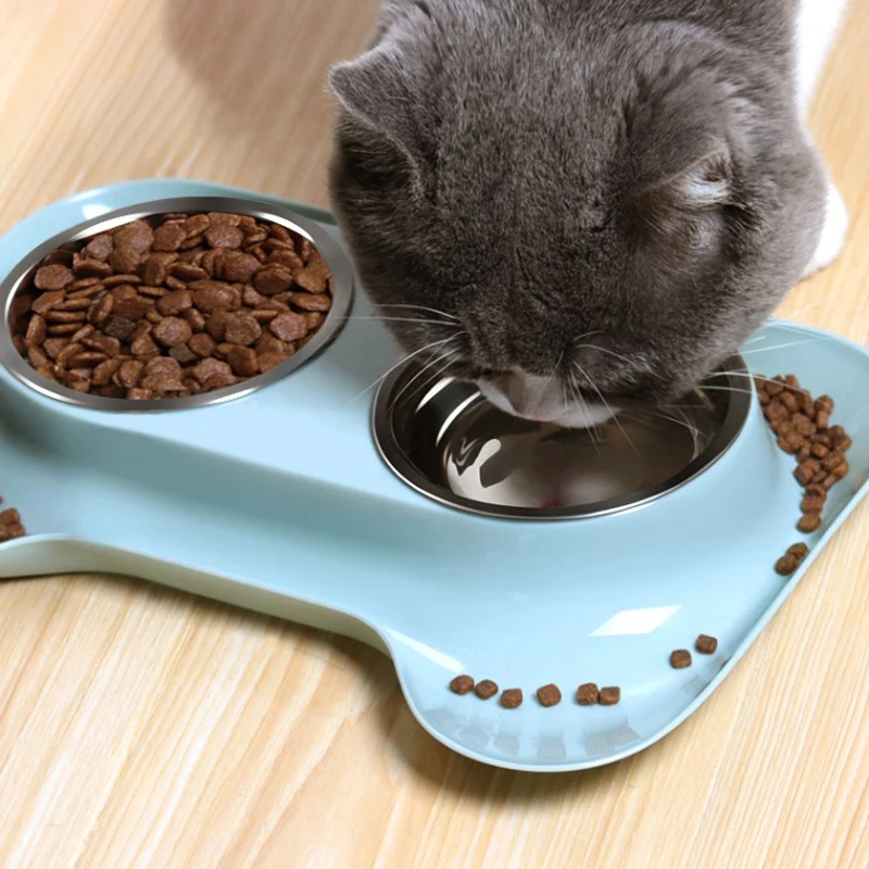 Двойная миска для кошек питомцев щенков нержавеющая сталь пищевая без протечек