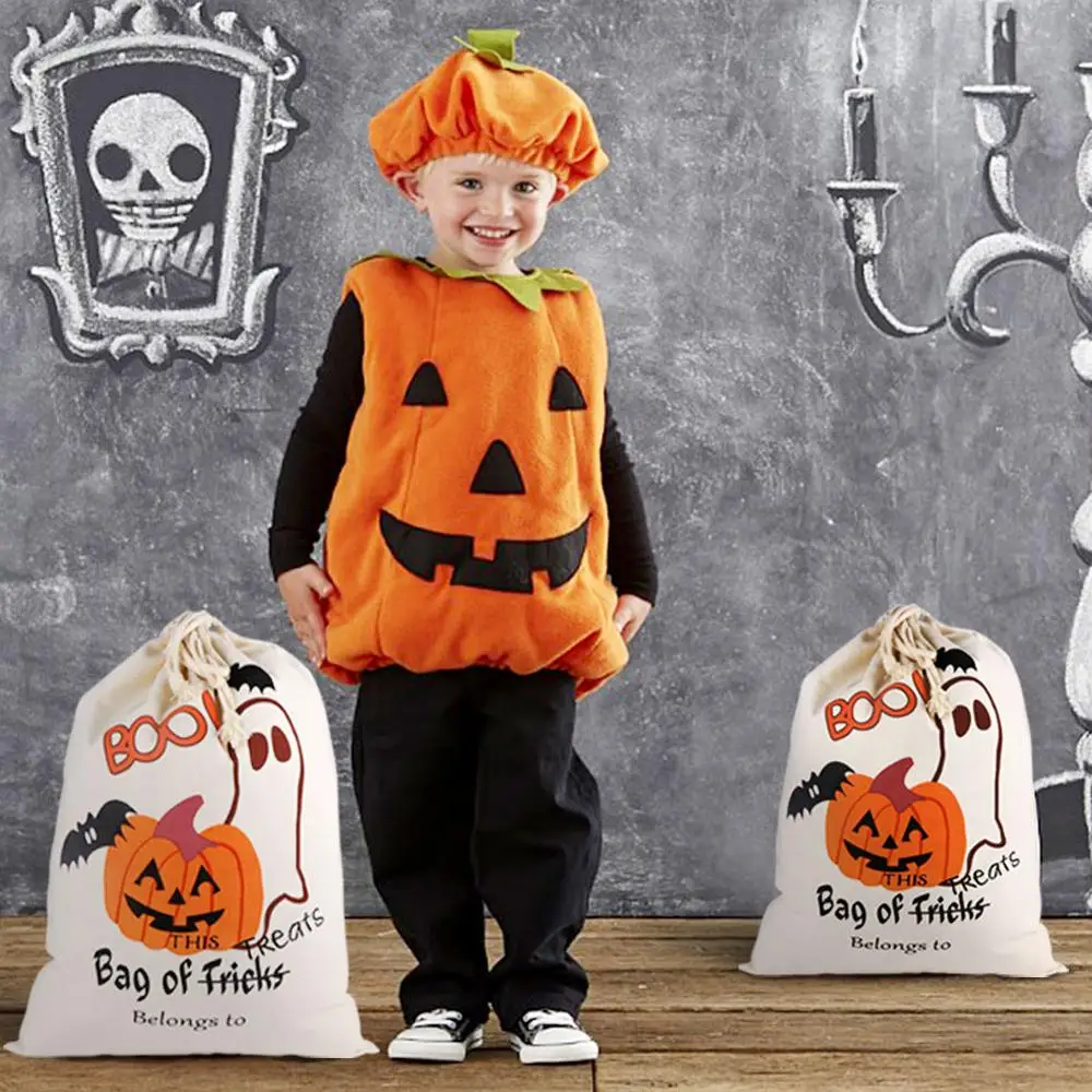 

OurWarm Halloween Canvas Bags Drawstring Sack Candy Gift Bags Treat or Trick Party Decoration Printing Spider Pumpkin Cotton Bag