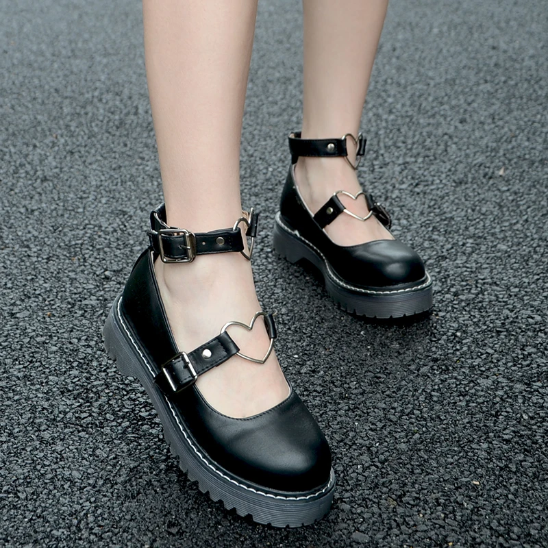 

Student Shoes Girl Lolita Loafers Women Creepers Mary Jane Cosplay Jk Flats Pu Leather Heart-Shaped Platform Goth Punk