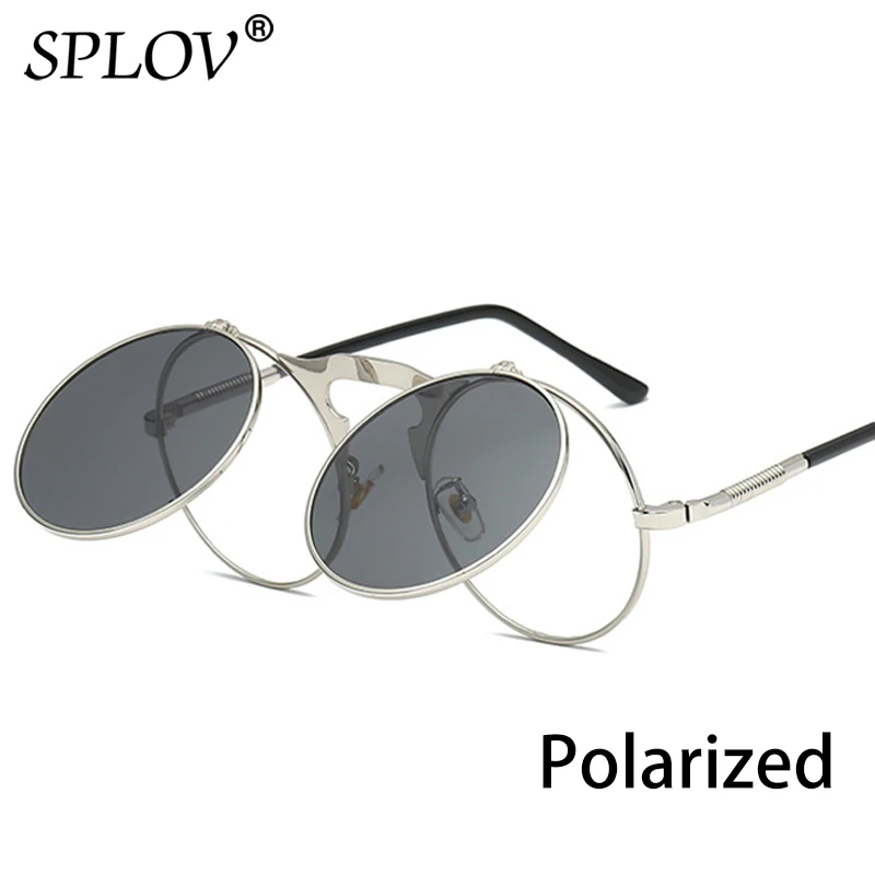 C13SilverBlackP SPLOV, Ретро стиль, стимпанк, флип-ап, мужские солнцезащитные очки, женские, Ретро стиль, круглая металлическая оправа, солнцезащитные очки, шарнир, дизайн, изогнутые очки, ноги, UV400 - Цвет линз: C13SilverBlackP