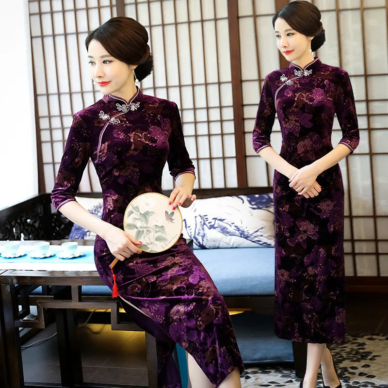 Cheongsam велюровое платье Ципао с принтом винтажные модные улучшенные Осенние Длинные платья Вечерние платья для мам и свадеб