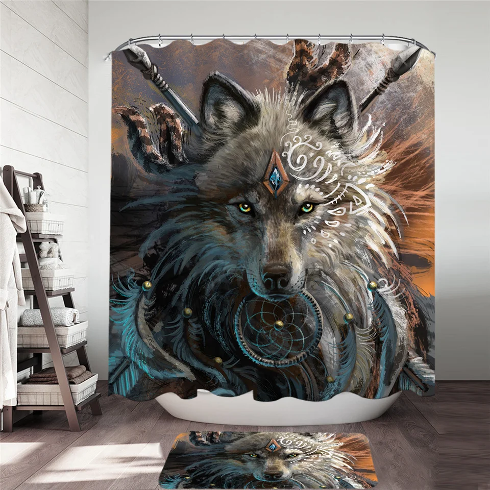 Wolf Warrior от SunimaArt душевая занавеска в комплекте Американский водонепроницаемый занавес для ванной из 2 предметов Хранитель снов с изображением волков Набор ковриков для ванной