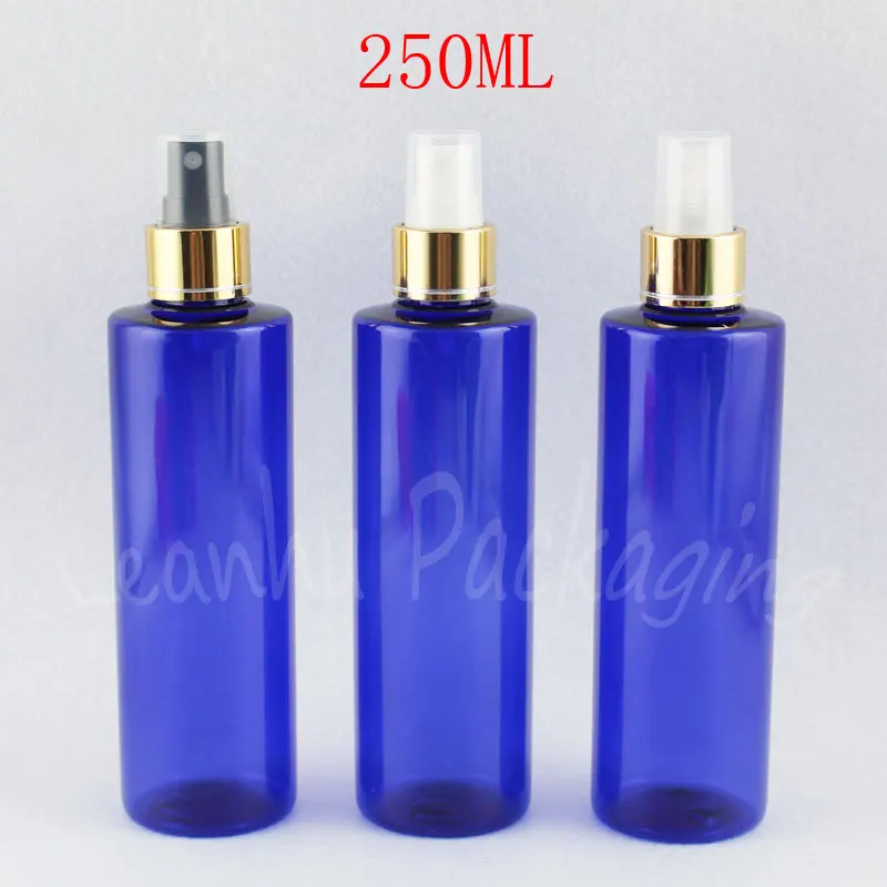 

250ML Blue Flat Shoulder Plastic Bottle With Gold Spray Pump , 250CC Water / Toner Sub-bottling , Empty Cosmetic Container