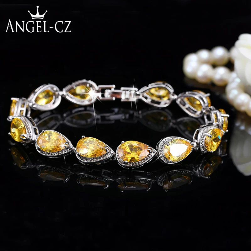 

ANGELCZ Summer Newest Fashion Silver Color Jewelry Elegant Pear Cut Yellow Austrian Crystal Women Tennis Bracelets AB003