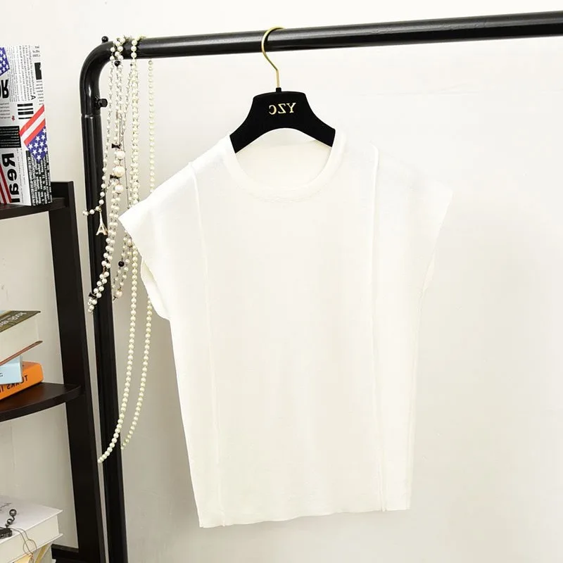 

Elegant Ladies Sexy Sleeveless Rib Knitted T-Shirt Summer Women O Neck Short Casual Tshirt Solid Color Top