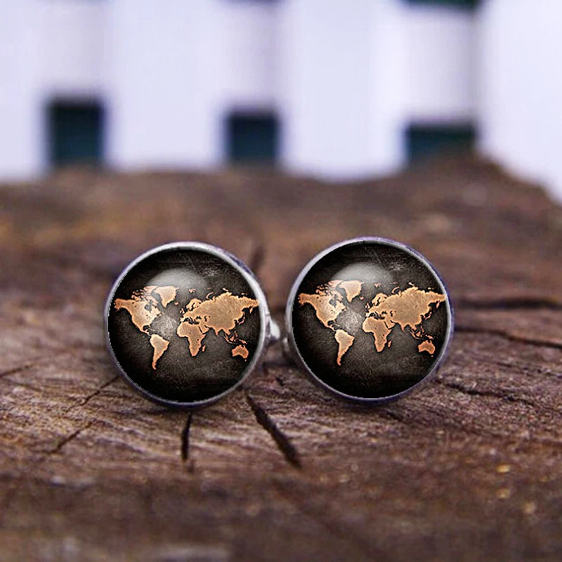 Модные ювелирные изделия новый черный глобус Карта мира запонки покрытые