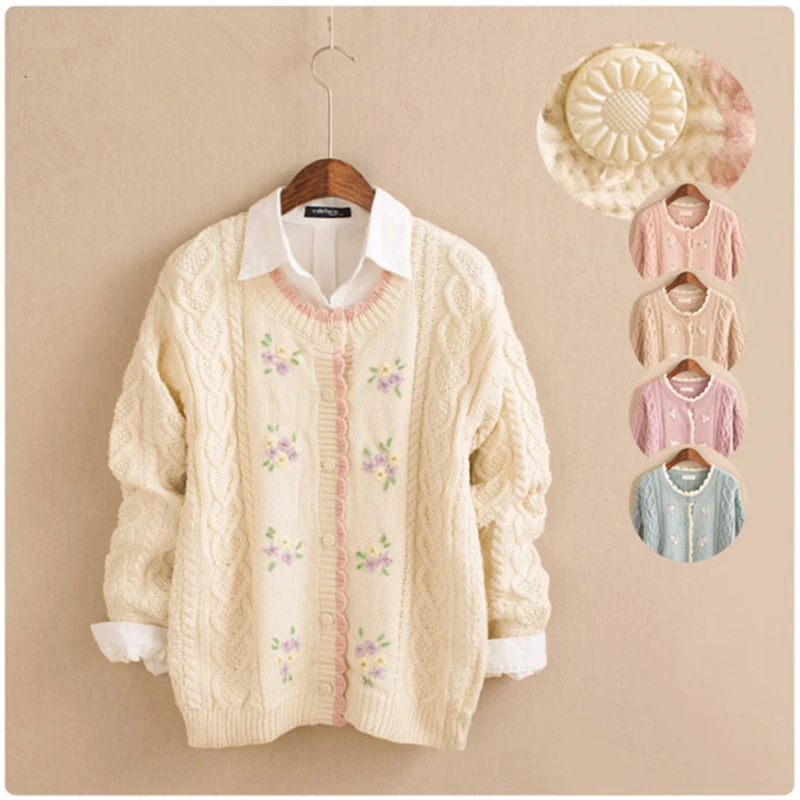 Japanese Mori Girl Embroidered Floral Winter Knitted Cardigan Sweater PINK/WHITE/BLUE |