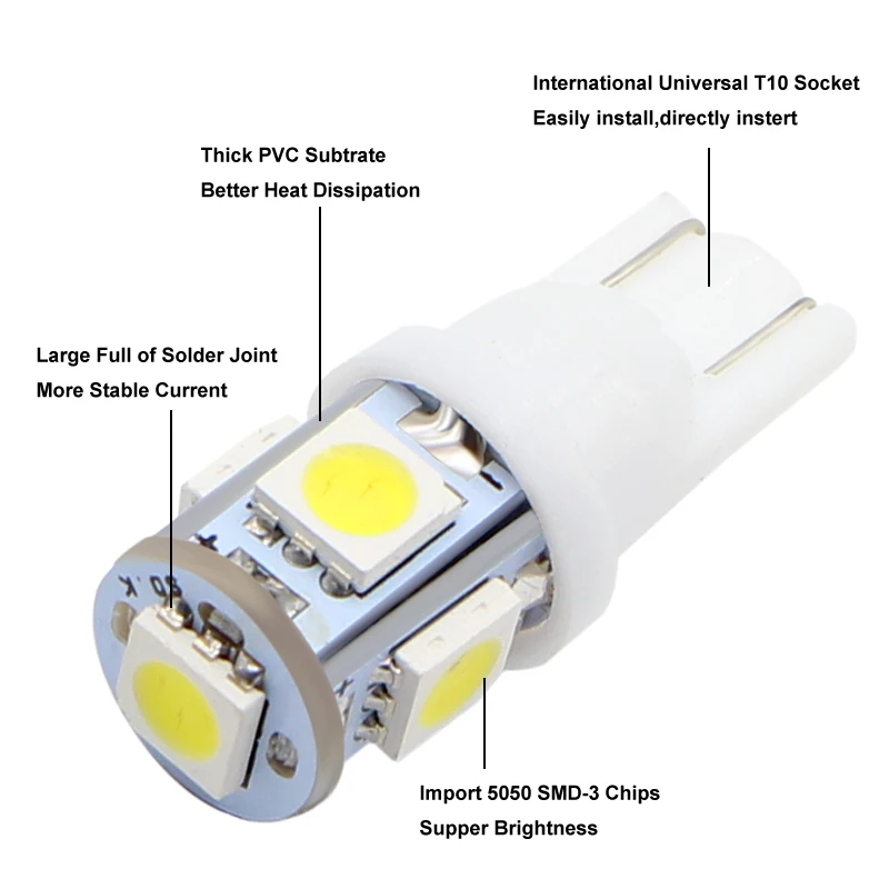 So.k 100Pcs T10 W5W LED Bulb 5 SMD Super White 194 168 w5w Led Parking Auto Wedge Clearance Lamp Car DC 12v | Автомобили и