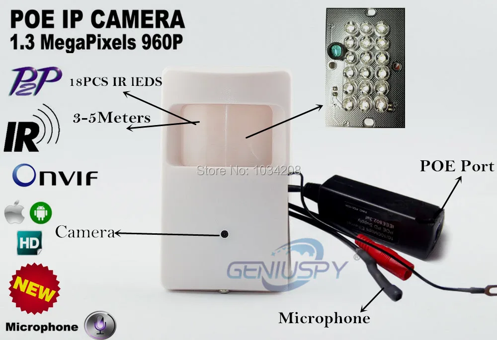 

P2P Pin hole Night Vision&Audio Video 960P 1.3MP PIR POE Camera Motion Detector Covert PIR POE Small IP Camera