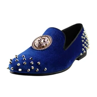 harpelunde mens blue dress shoes spikes velvet loafers 3d animal buckle flats