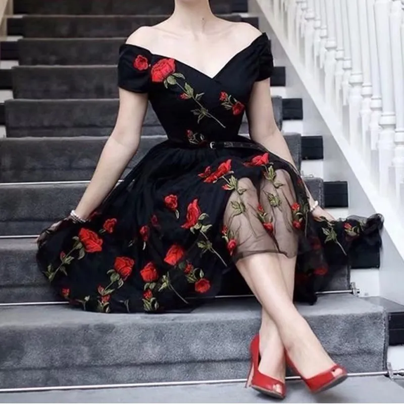 Женское винтажное Сетчатое платье миди с цветочной вышивкой однотонное