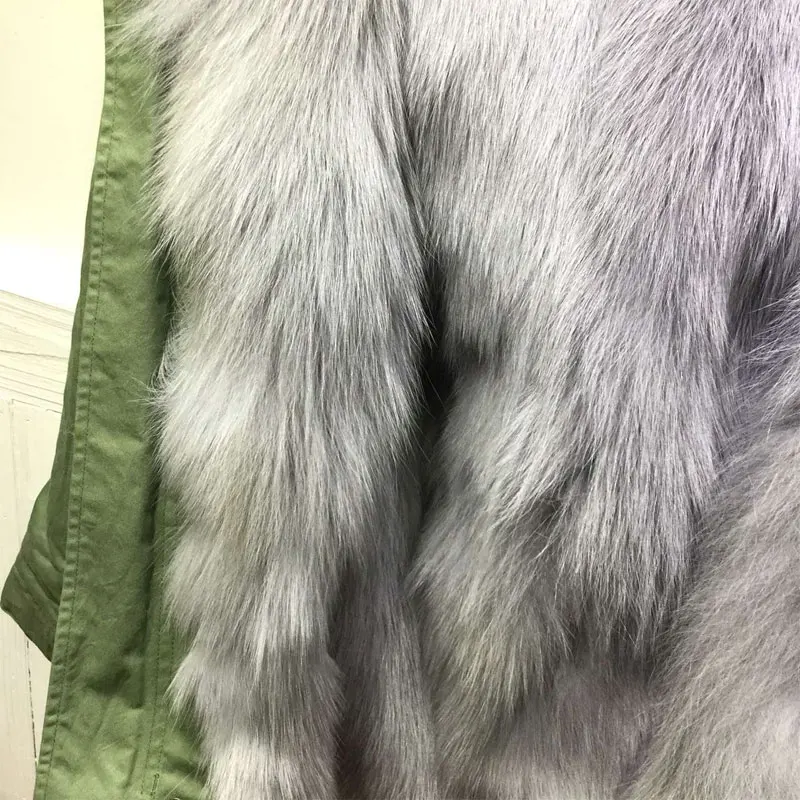 Зеленая куртка с лисьим мехом внутри в стиле унисекс зимняя и Весенняя Меховая