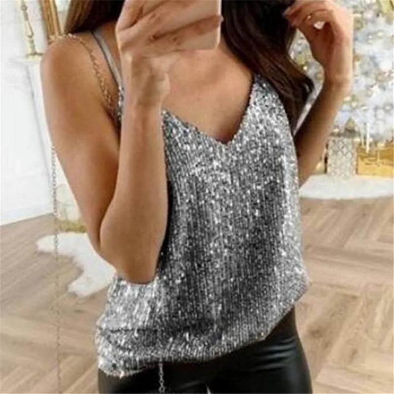 Women's Shiny Tank Tops New Sexy Sling Loose Soild Color Sleeveless Vest Ladies' Fashionable V-neck Camisole Summer Hot Selling