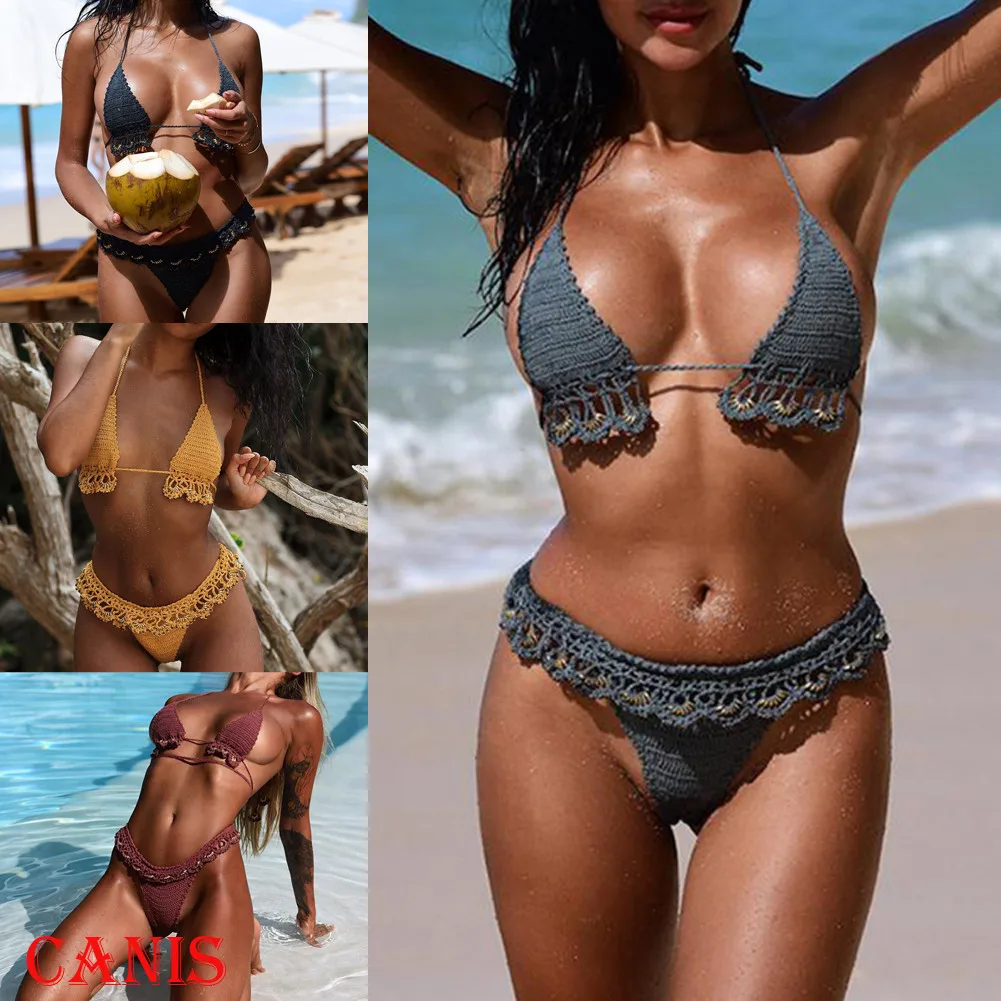 Women Push-up Strappy Knit Crochet Padded Bra Bandage Bikini Set Swimsuit Triangle Thong Bottoms Swimwear Summer Bathing