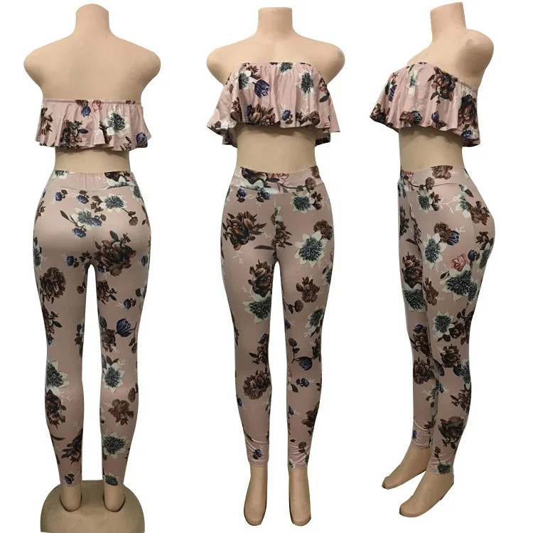 

Women Casual Two-Piece Sets Top Long Pants Suits Floral Print Off Shoulder Backless Tracksuit High Waist Slim Sexy Suits