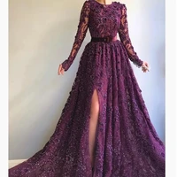 burgundy prom dresses 2019 crew neckline lace beading sequins lace long sleeve evening dresses arabic party dresses