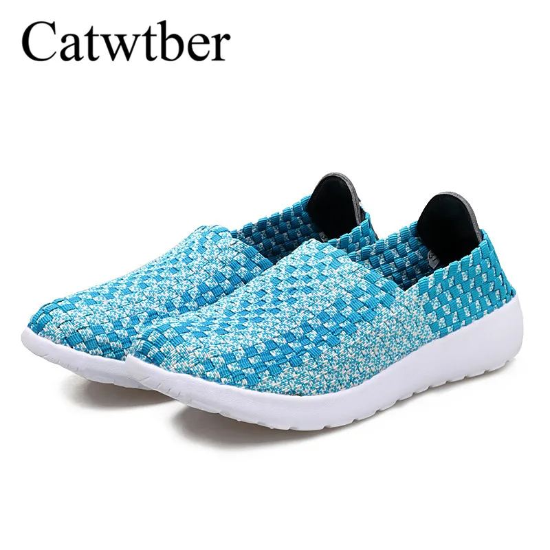 Catwtber Лето Для женщин на плоской платформе нейлон плетеные туфли женские ручной