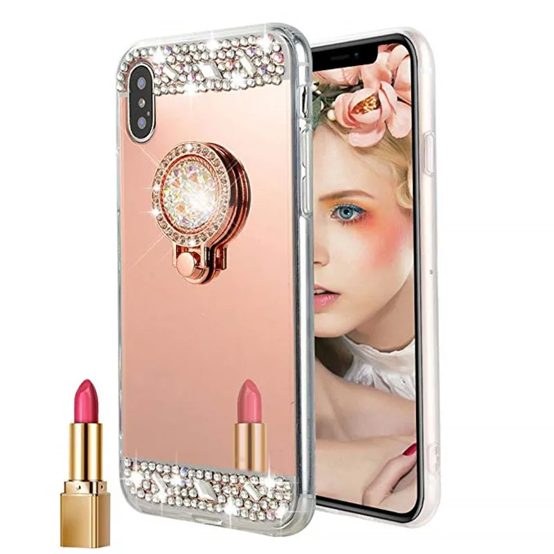 3D зеркальные чехлы для телефонов чехол iphone X XR XS Max блестящее кольцо со стразами