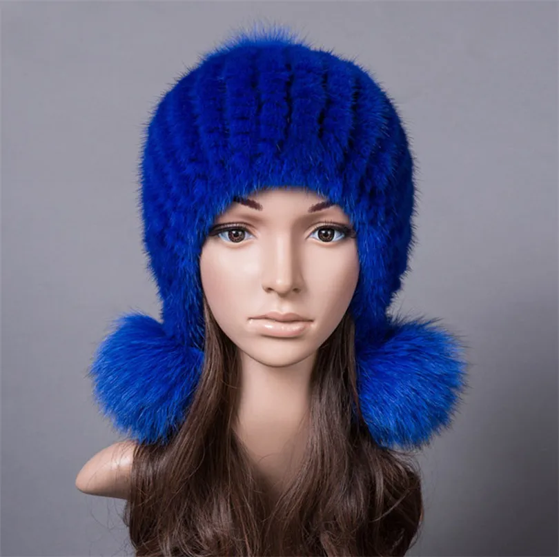 Blue Меховая шапка из натуральной норки для женщин, зимние вязаные шапки бини с лисьим мехом, помпоны из натурального меха норки, толстые женские зимние шапки - Цвет: Blue