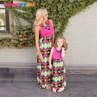 mother daughter dresses family matching outfits sleeveless striped patchwork mom and baby girl kid casual maxi dress