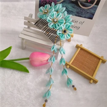 Изготовленный на заказ ручной работы японский кимоно Sakura hairwear Девушки Головные уборы женские заколки kanzashi цветок заколки для волос с длинным падением - Цвет: Blue (1pc)