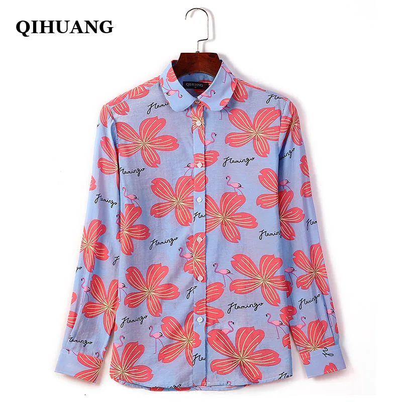 QIHUANG Casual Flamingo Print Blouses Women Shirts Vintage Ladies Long Sleeve Cotton Plus Size Brand 5XL | Женская одежда