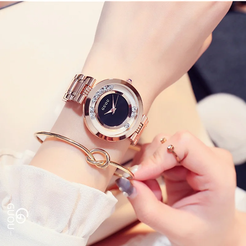 Часы GUOU с блестками и бриллиантами женские часы роскошные из розового золота |