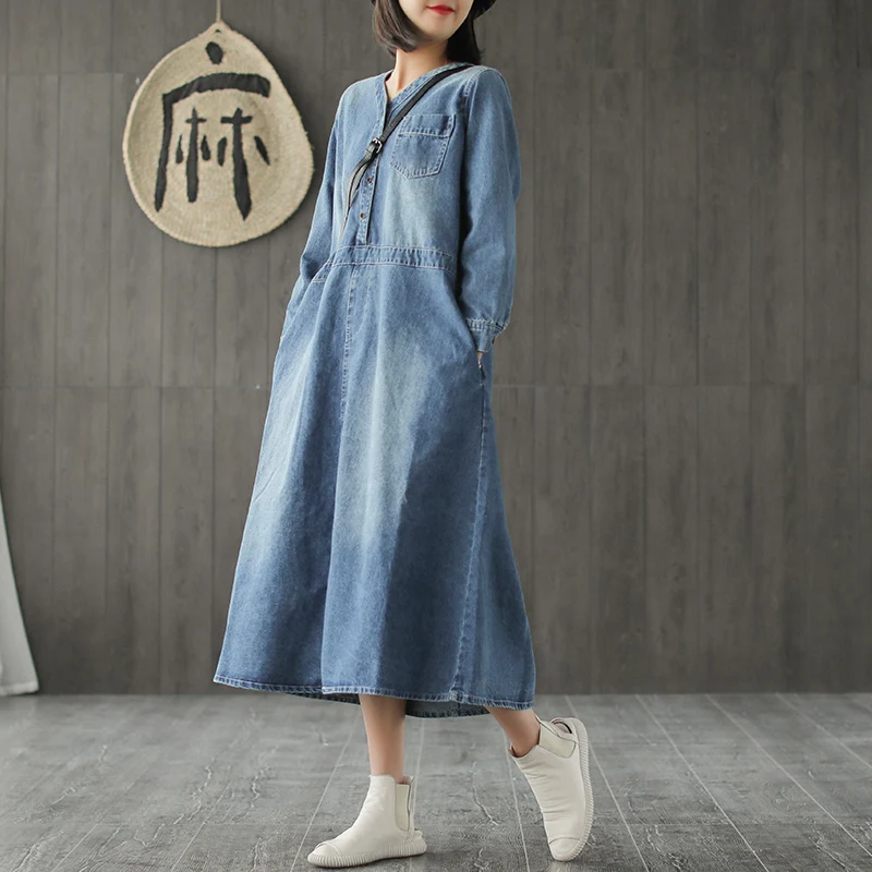 Длинное джинсовое платье Lamtrip Boutique с V образным вырезом повседневное свободное