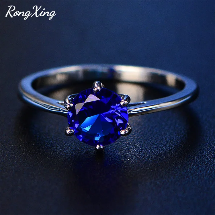 Blue RongXing 7 мм круглый фиолетовый/красный/синий циркон обручальные кольца для женщин 925 пробы заполненный серебром камень кольцо Свадебные украшения - Цвет основного камня: Blue