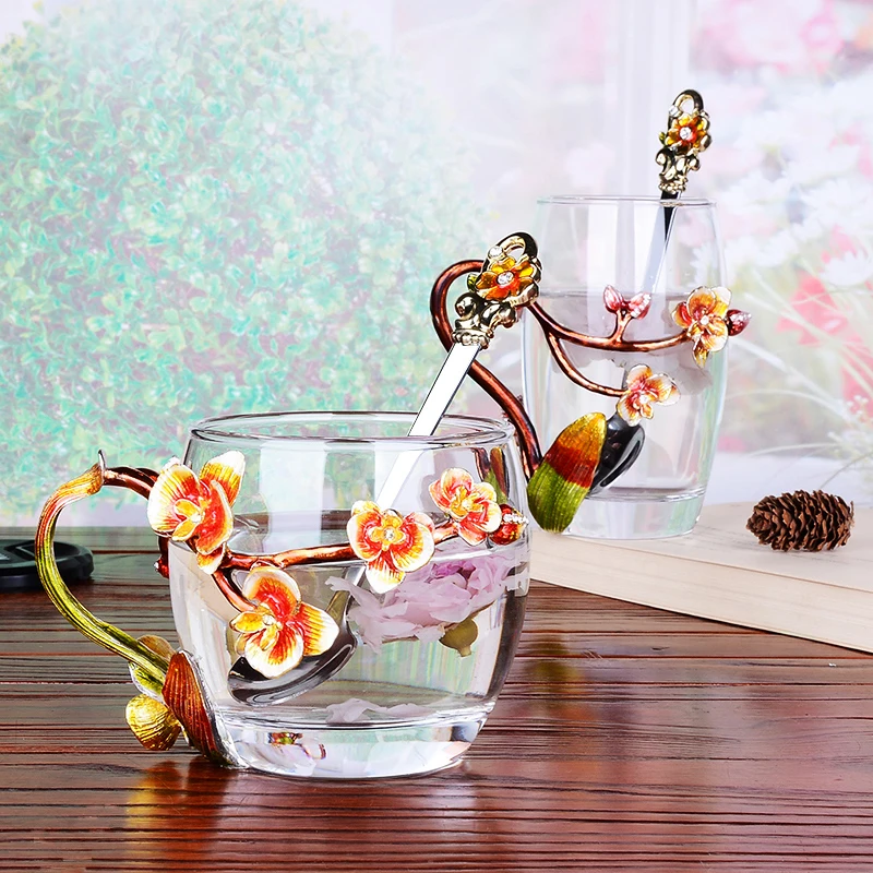 Peach Blossom и стразами Украшенные эмалью Кофе кружка Цветочный чай Стекло молоко чашки сплав рукоятки чашки и кружки подарок