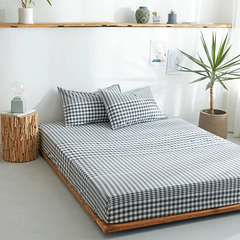 Washed Cotton Striped Printing Sheet Mattress Cover With Elastic Band Simple Comfortable Bedding Linens Home Textile | Дом и сад