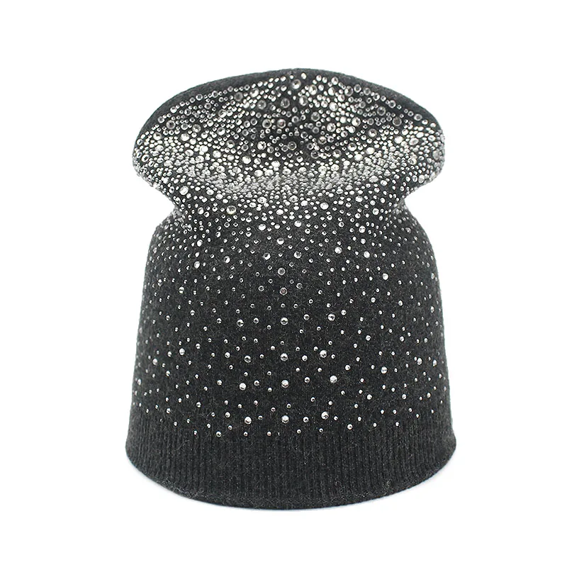 Для женщин со стразами шапочки алмаз Hat однотонные вязаные Skullies В Капот Кепки S женские зимние Вязание Шапки женский Кепки