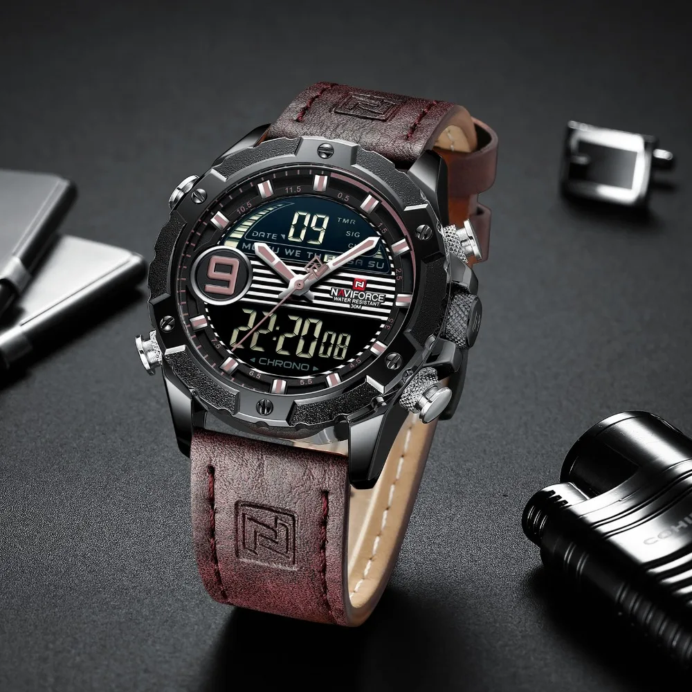 NAVIFORCE Reloj Hombre, наручные мужские часы, Лидирующий бренд, роскошные, натуральная кожа, кварцевые часы, спортивные часы, мужские Relogios Masculino