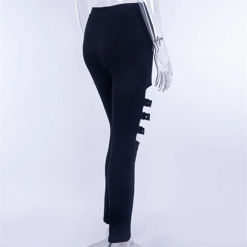 Черные женские брюки в стиле панк с пряжкой узкие карандаш модные леггинсы|Брюки|