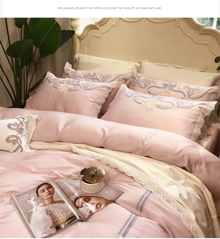 Modern Egyptian cotton Embroidery Bedding sets Queen King Tribute Silk Duvet cover Bed sheet set Pillowcases 4/6pcs pink blue | Дом и сад