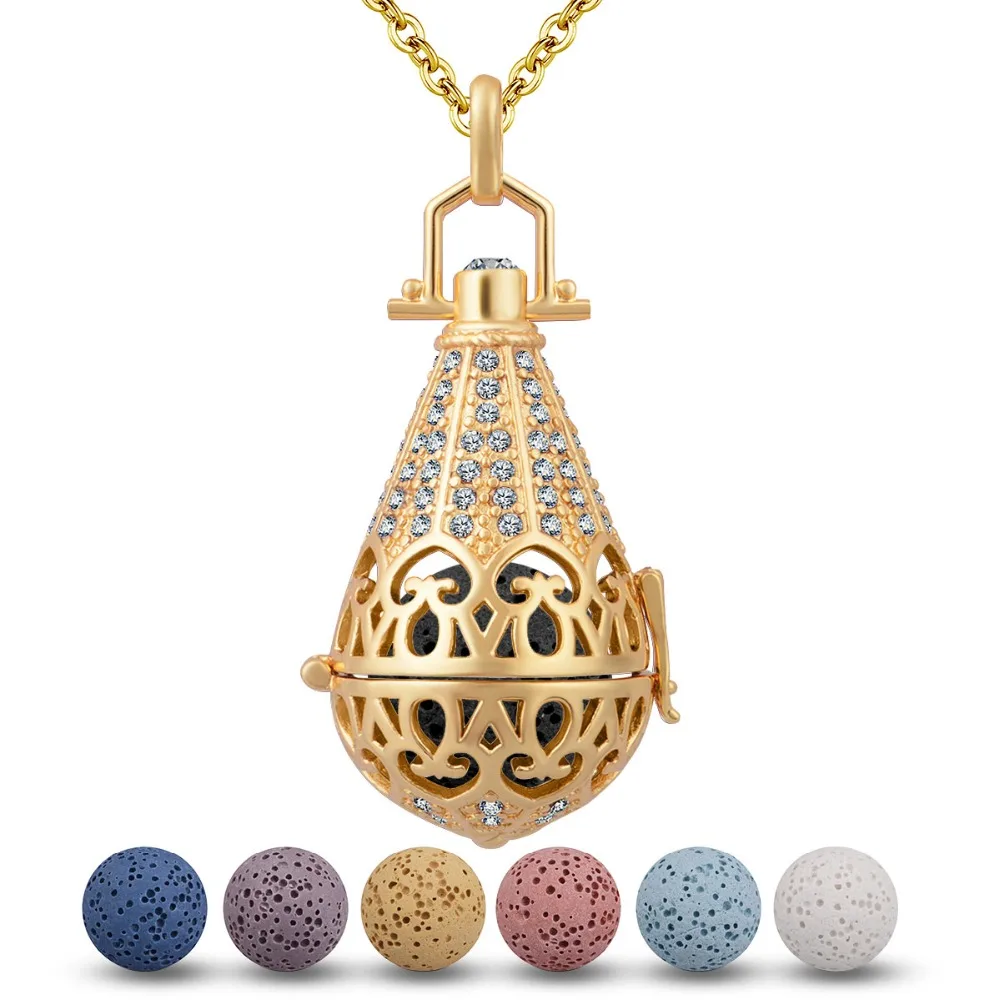 EUDORA Copper Plated Gold Water Drop Pendant Necklace 16mm Crystal Locket Cage with Volcanic Lava Stone Ball Women K113G | Украшения и