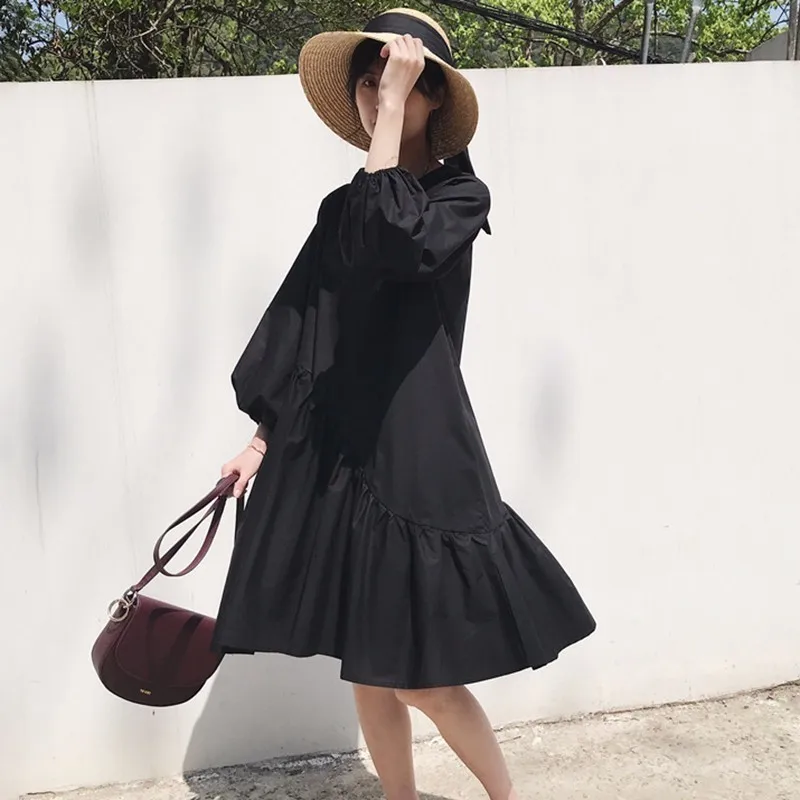 TWOTWINSTYLE Patchwork Ruffles Summer Dress For Women Lantern Sleeve Loose Big Size Black Dresses Female Clothes Fashion 2018 | Женская