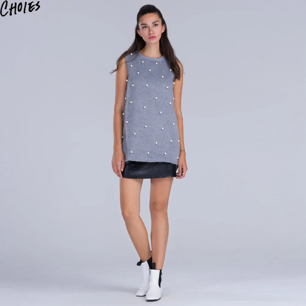 Для женщин серый шерстяной бисером без рукавов жилет Молния сзади пуловер