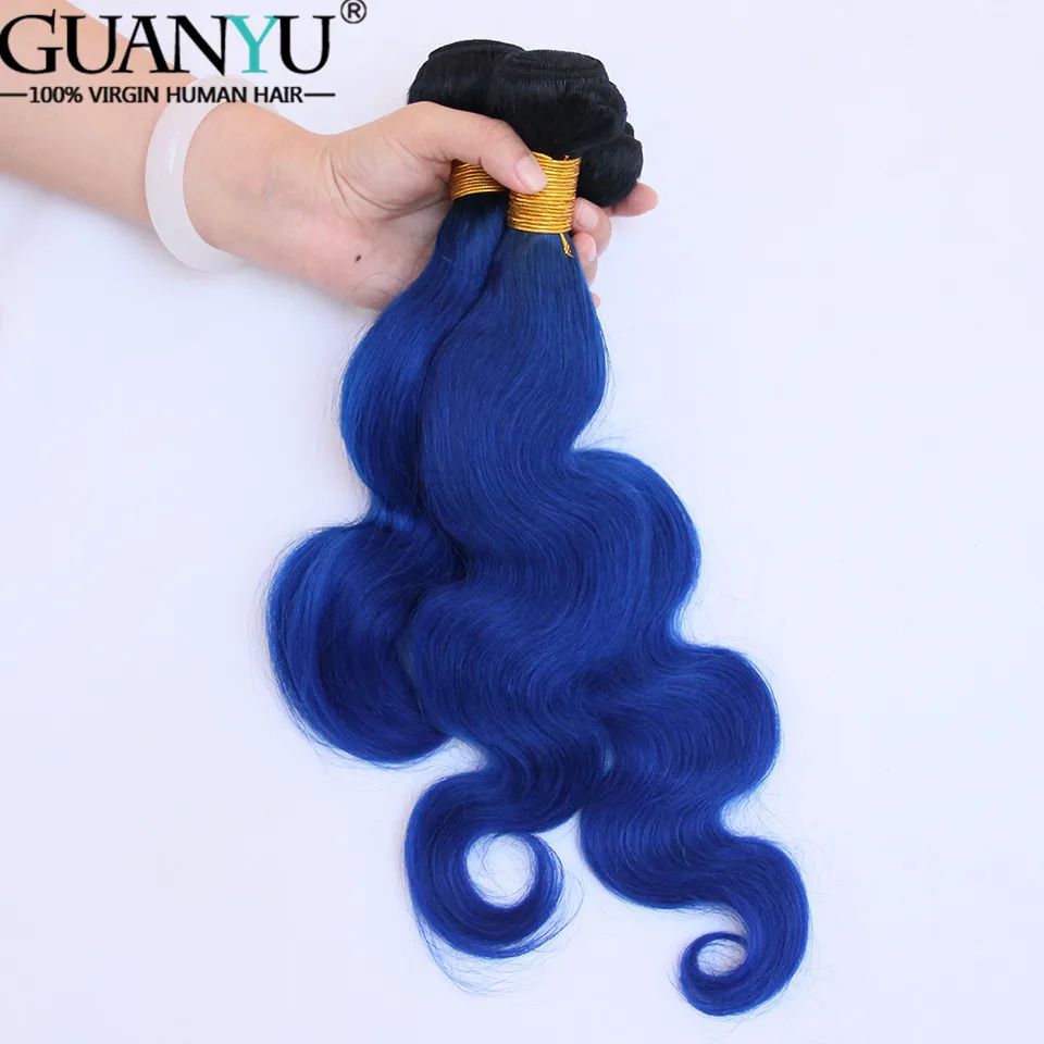 Guanyuhair Ombre # 1B/синий 3 Связки с 13x4 синтетический Frontal шнурка волос синтетическое