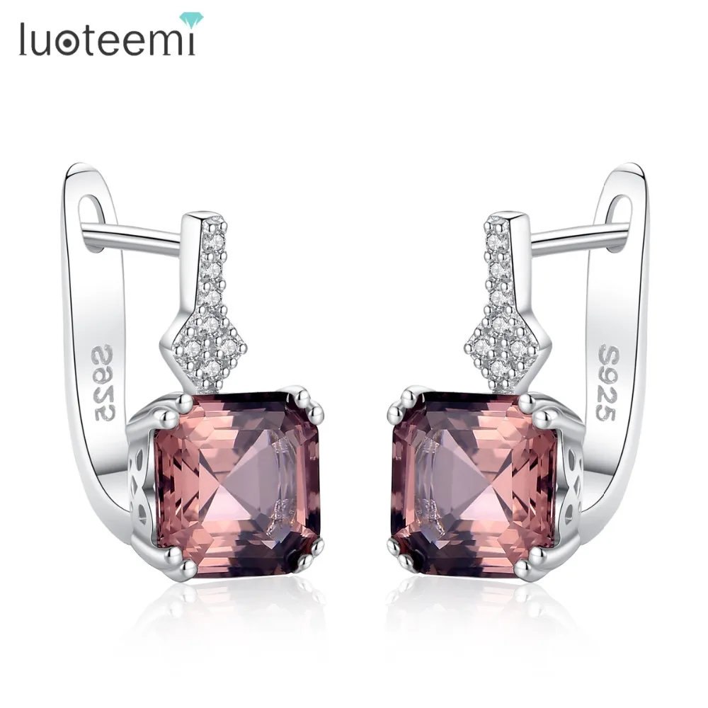 LUOTEEMI роскошные серебряные серьги-гвоздики из натуральной 925 пробы с квадратной огранкой и дымчатым камнем для женщин, великолепные вечерние ювелирные изделия