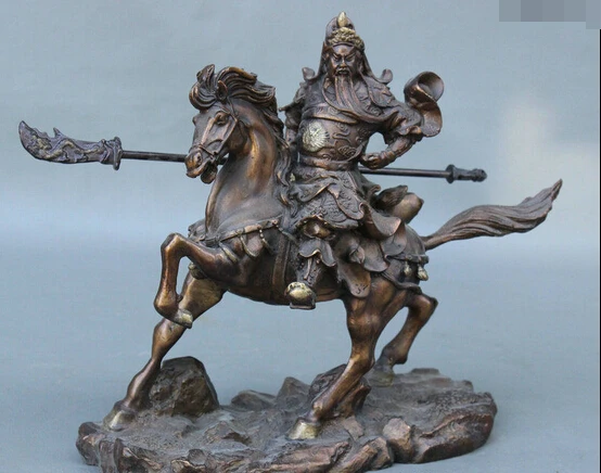 bir 006992 10&quot Chinese Pure Copper Bronze Guan Gong Yu Dragon Warrior Sword On Horse Statue | Дом и сад