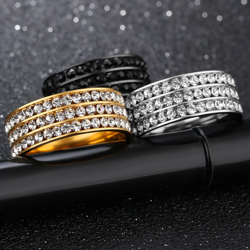 Блестящее золотое серебряное черное кольцо на палец три ряда кубический